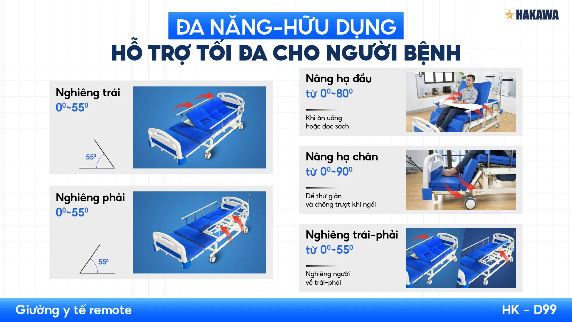 Giường y tế remote cao cấp HAKAWA HK-D99 10 Chức năng giường y tế đa năng HAKAWA