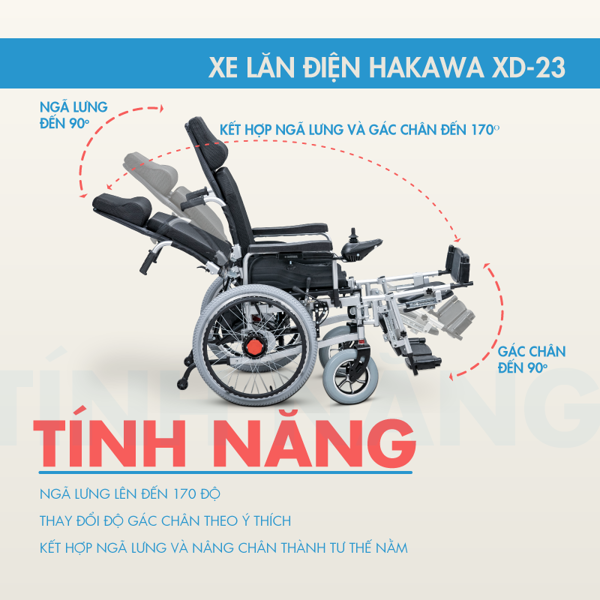 Xe lăn điện thông minh Hakawa HK-XD-23 được thiết kế ngả lưng và gác chân đến 170 độ