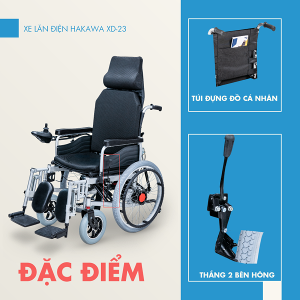 Xe lăn điện Hakawa XD-23 tích hợp thắng 2 bên hông và túi đựng đồ cá nhân ngay phía sau tựa lưng