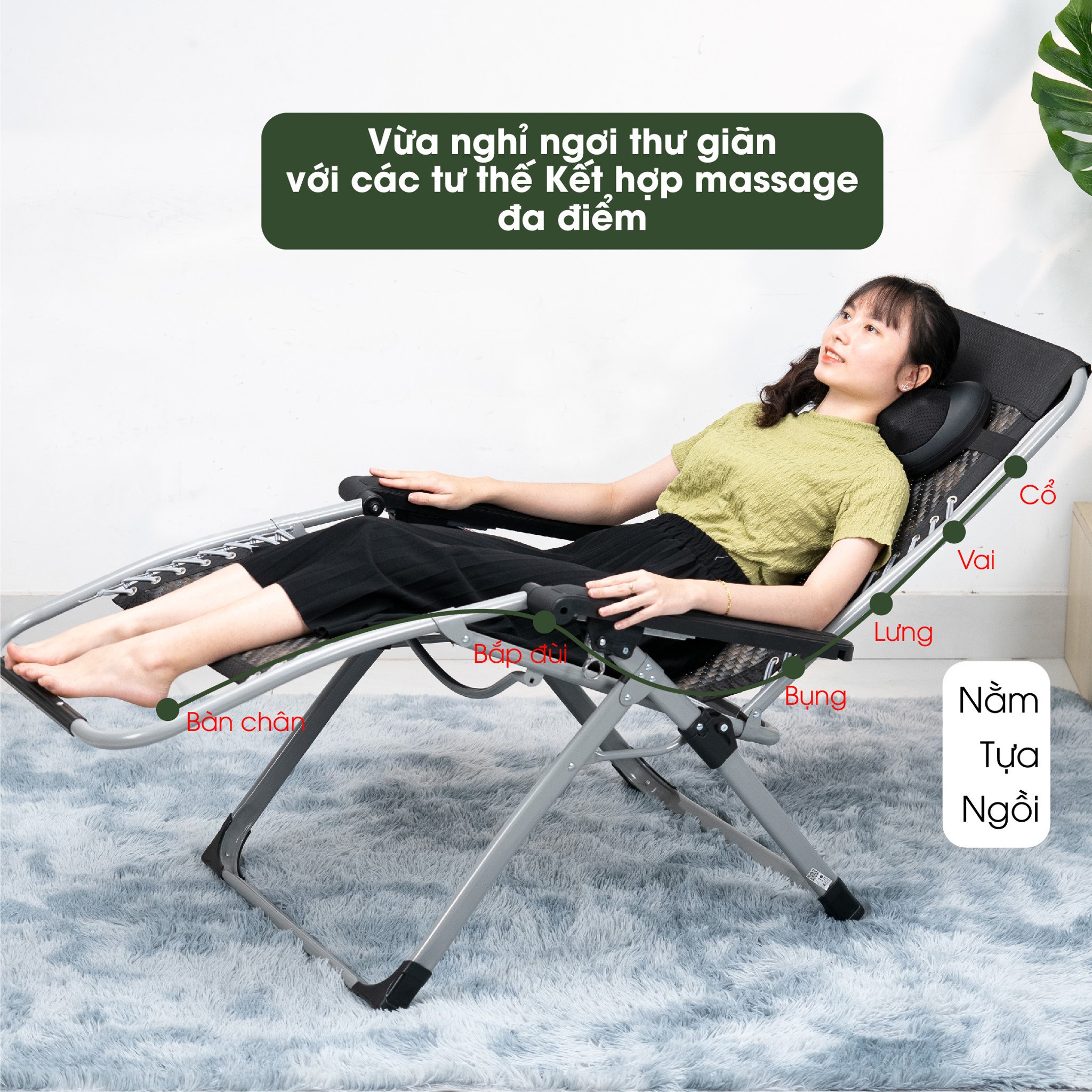 Combo ghế xếp và gỗi giúp vừa nghỉ ngơi thư giãn với các tư thế kết hợp massage đa điểm
