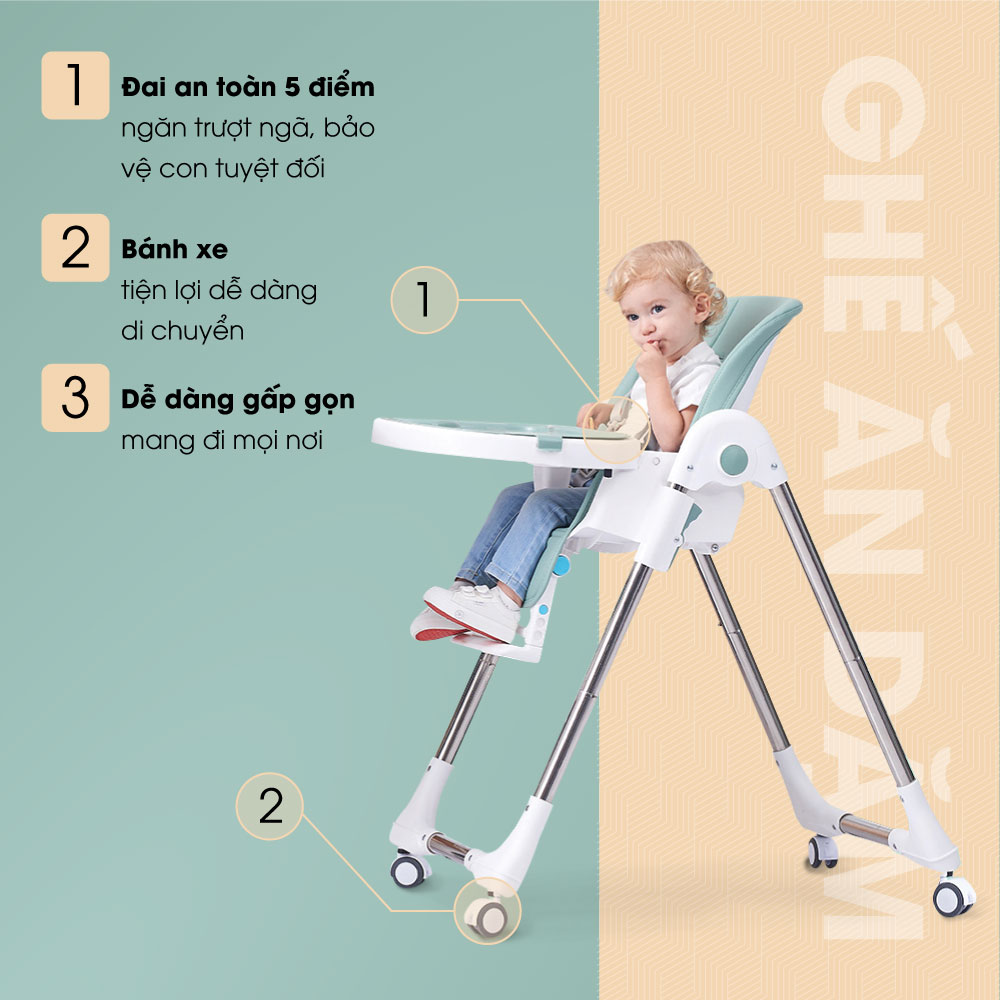 Ghê ăn dặm cho bé Hakawa HK-B08 thiết kế bánh xe di chuyển, đai an toàn 5 điểm, dễ dàng gấp gọn mang đi mọi nơi