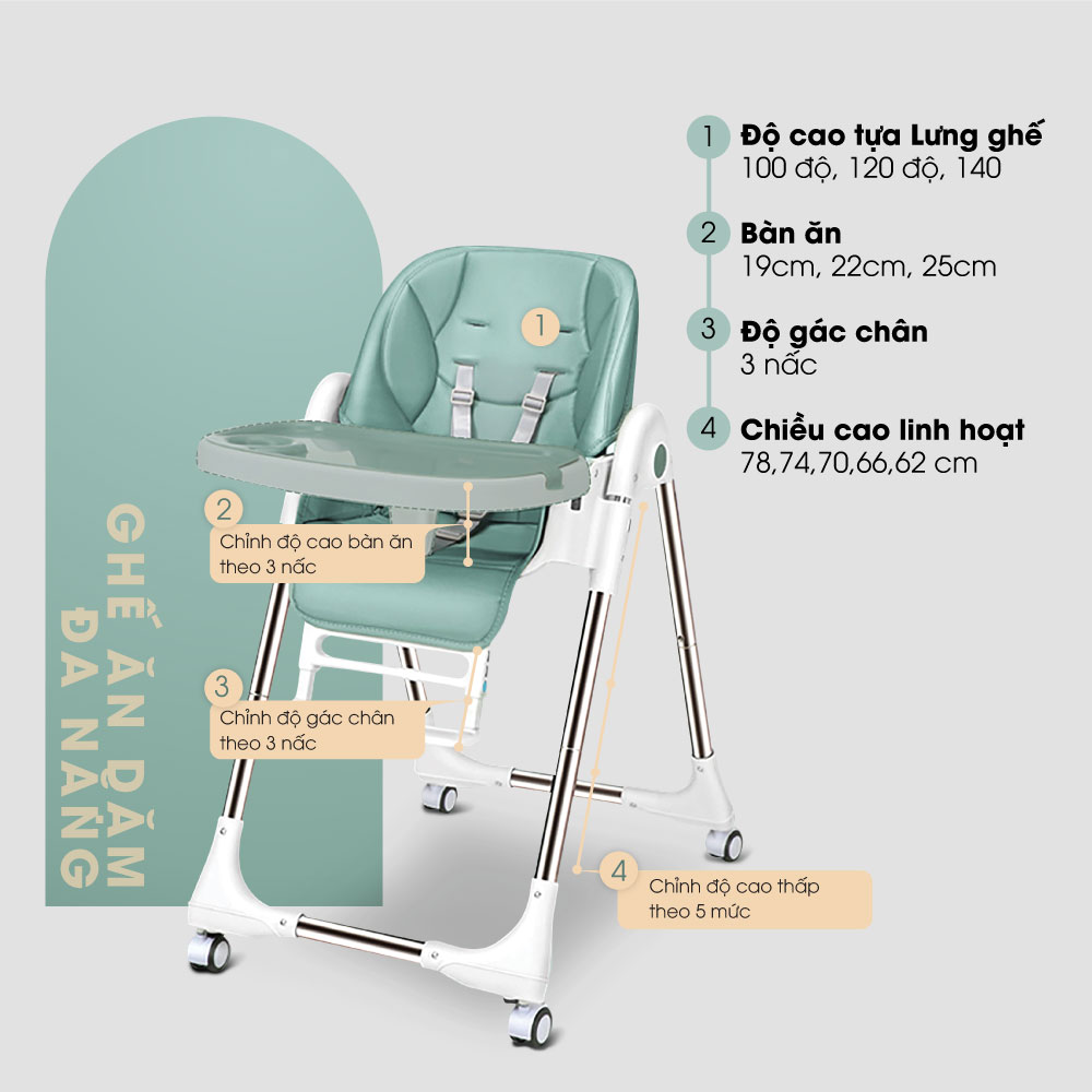 Ghế ăn dặm đa năng Hakawa có thể điều chỉnh tựa lưng, nấc gác chân, chiều cao và độ nghiêng mặt bàn linh hoạt phù hợp với đặc thù từng bè khác nhau