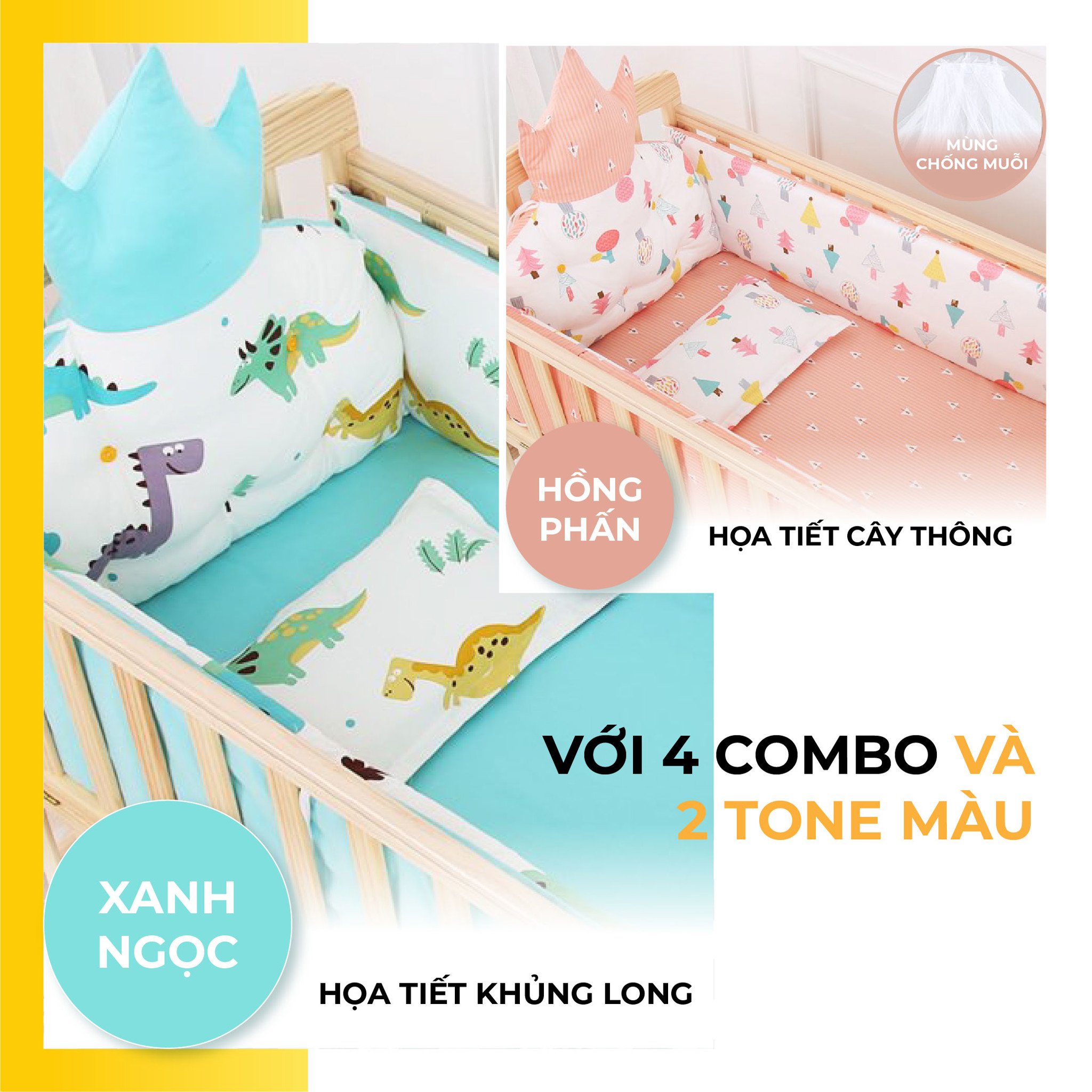 Hai mẫu sản phẩm với hoạ tiết màu xanh ngọc và hồng phấn đáng yêu, phù hợp với cả bé nam hoặc nữ để ba mẹ lựa chọn