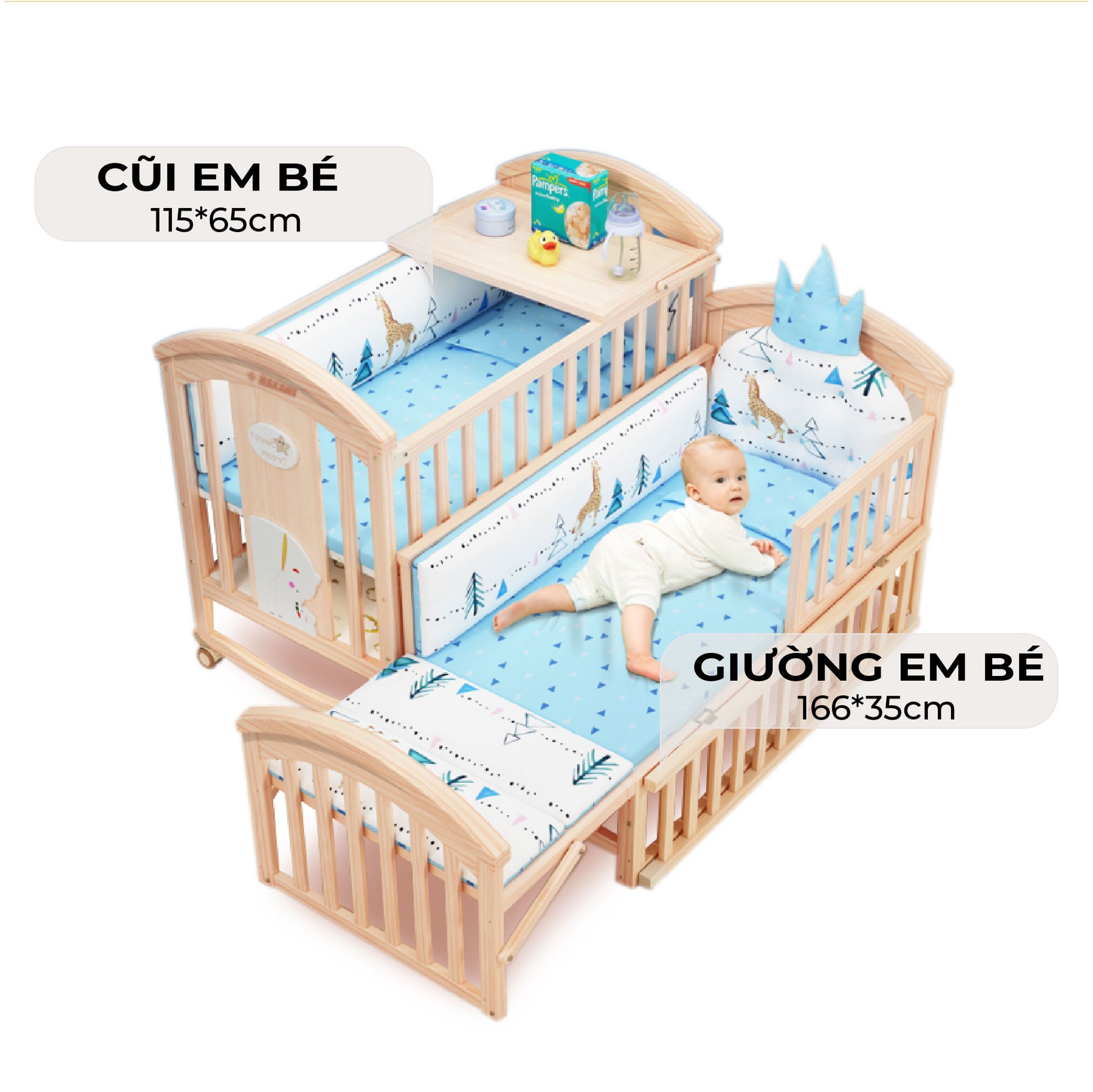 Cũi em bé kích thước 115*65 (cm), giường em bé kích thước 166*35 (cm)