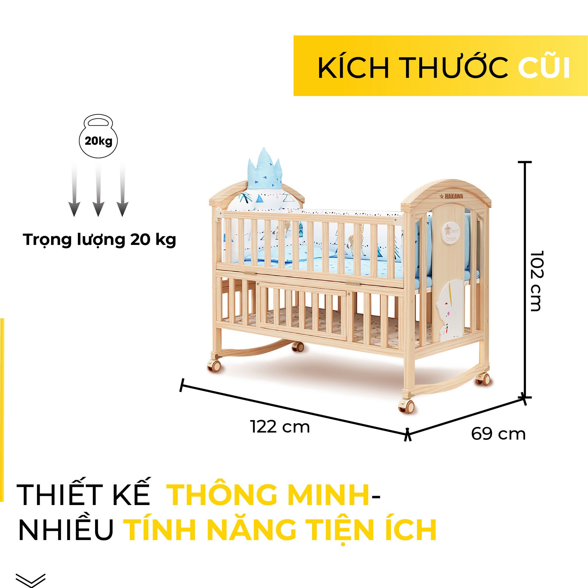 Giường cũi Hakawa thiết kế thông minh nhiều tính năng tiện ích, trọng lượng 20kg