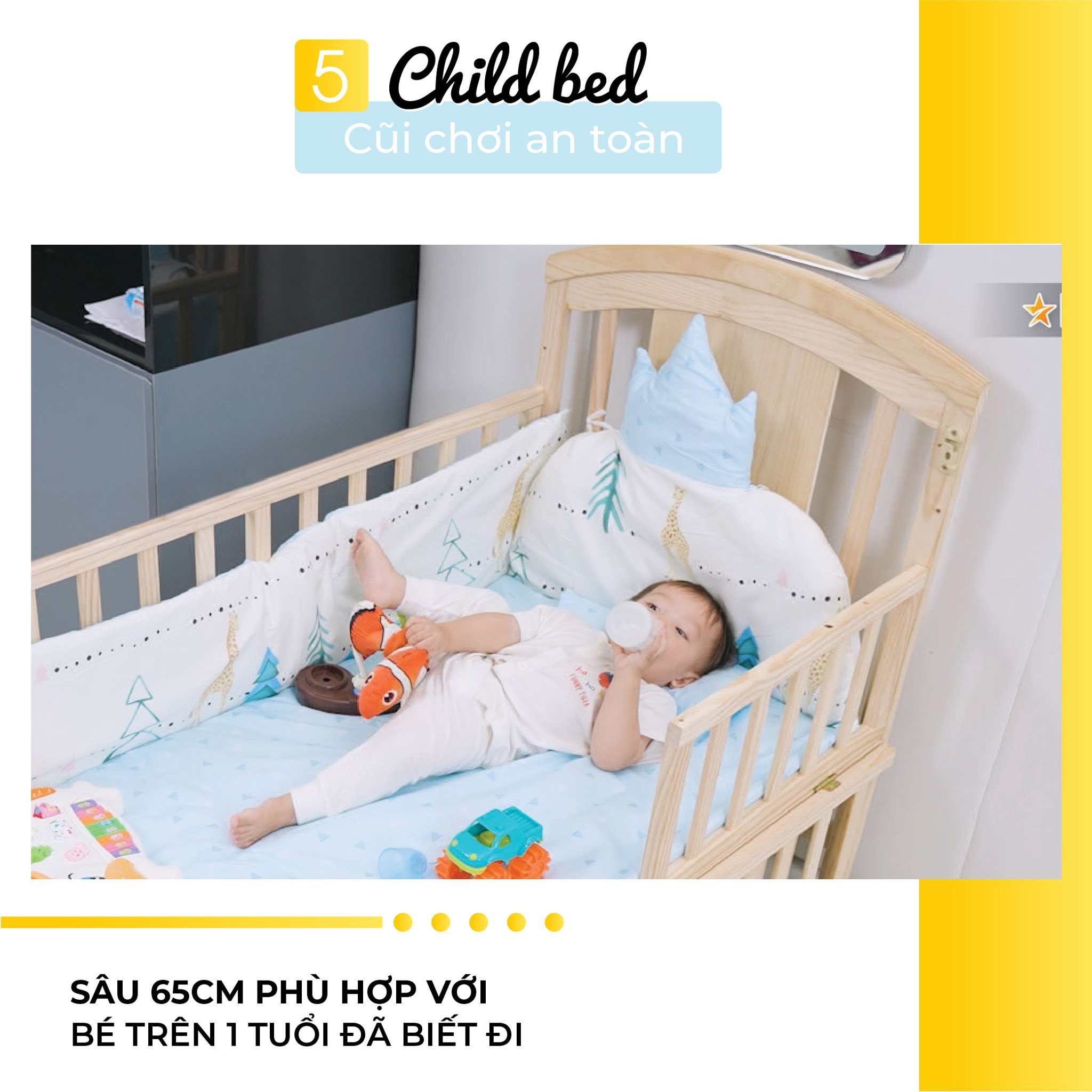 Cũi chơi an toàn sâu 65cm phù hợp với bé trên tuổi đã biết đi