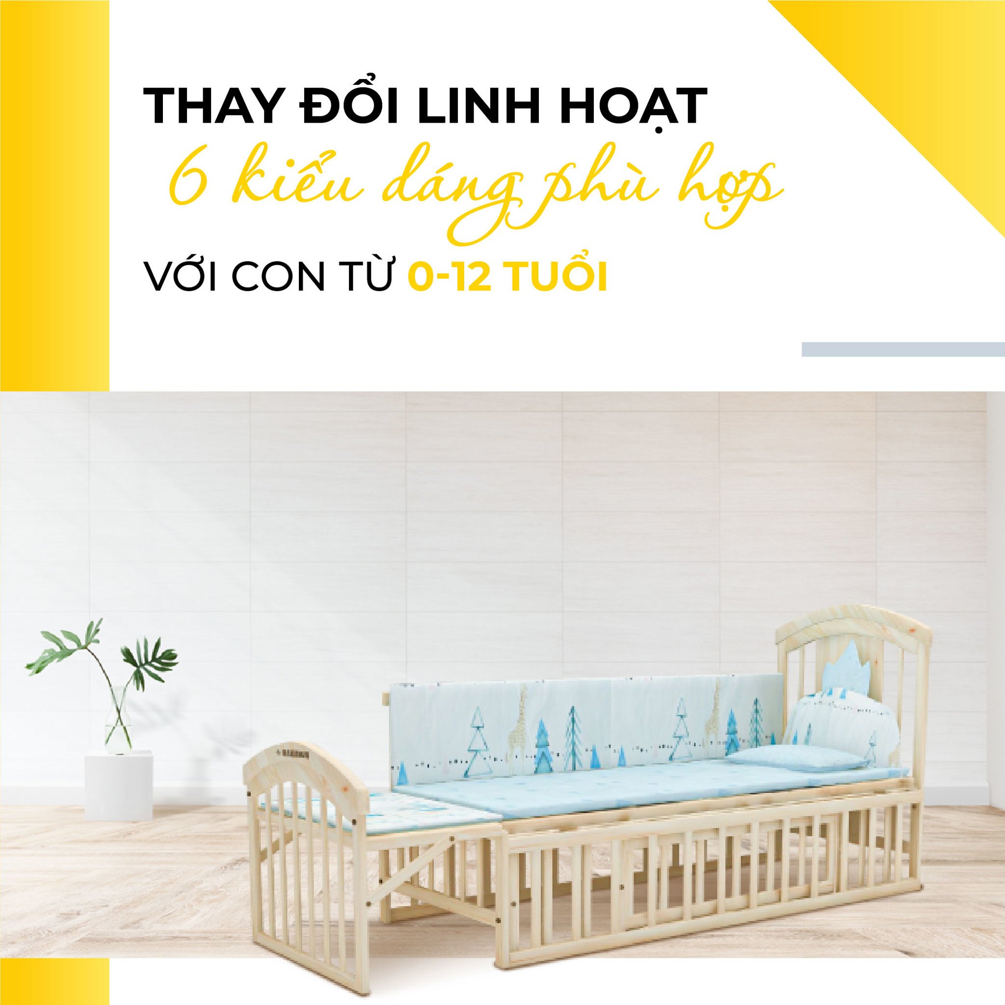 Nôi cũi thay đuổi được 6 tư thế linh hoạt phù hợp với trẻ từ 0 tới 12 tháng tuổi