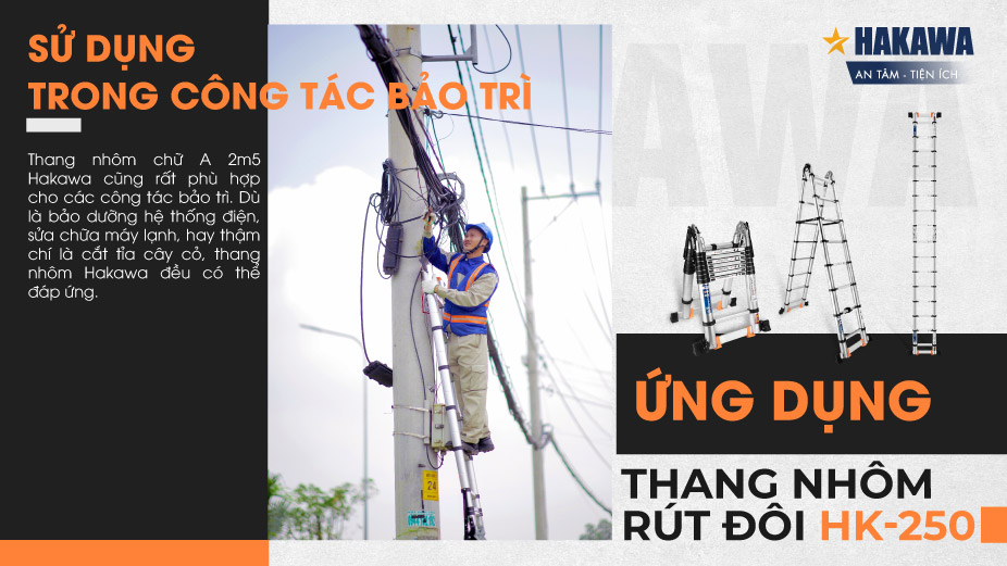 Thang nhôm rút đôi chữ A Hakawa HK-250 sử dụng trong các công tác bảo trì