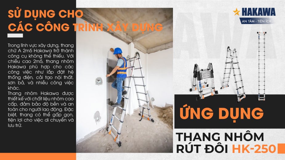 Thang nhôm rút đôi chữ A Hakawa HK-250 sử dụng trong các công trình xây dựng