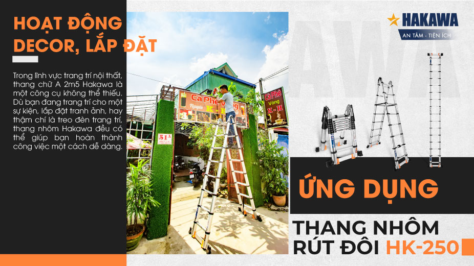 Thang nhôm rút đôi chữ A Hakawa HK-250 sử dụng trong việc trang trí